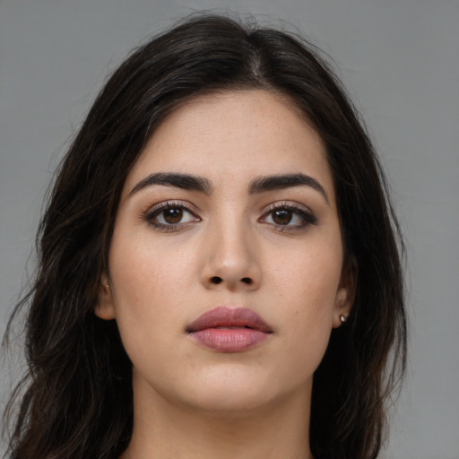 Neutral asian young-adult female with long  brown hair and brown eyes