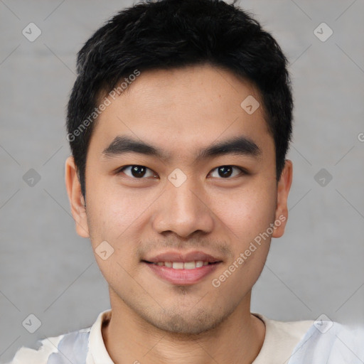 Joyful latino young-adult male with short  black hair and brown eyes