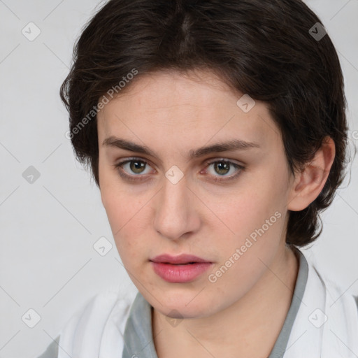 Neutral white young-adult female with medium  brown hair and brown eyes