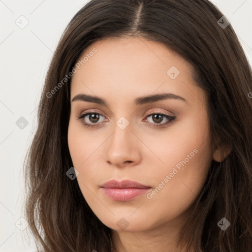 Neutral white young-adult female with long  brown hair and brown eyes