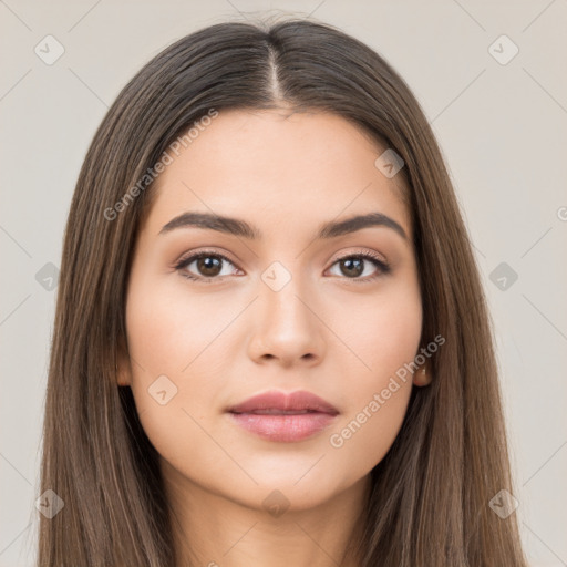 Neutral white young-adult female with long  brown hair and brown eyes