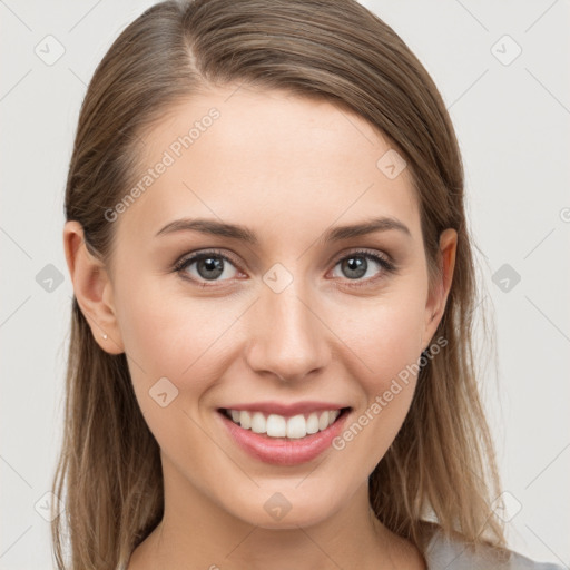 Joyful white young-adult female with long  brown hair and grey eyes