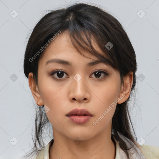 Neutral asian young-adult female with medium  brown hair and brown eyes