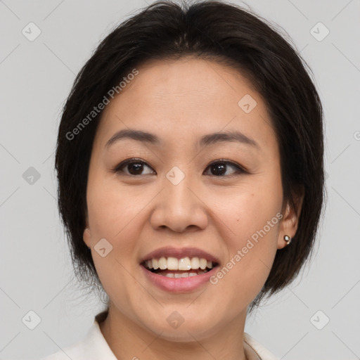 Joyful white young-adult female with medium  brown hair and brown eyes