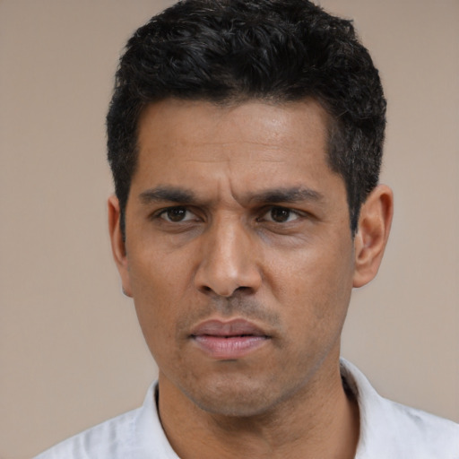 Neutral white adult male with short  black hair and brown eyes