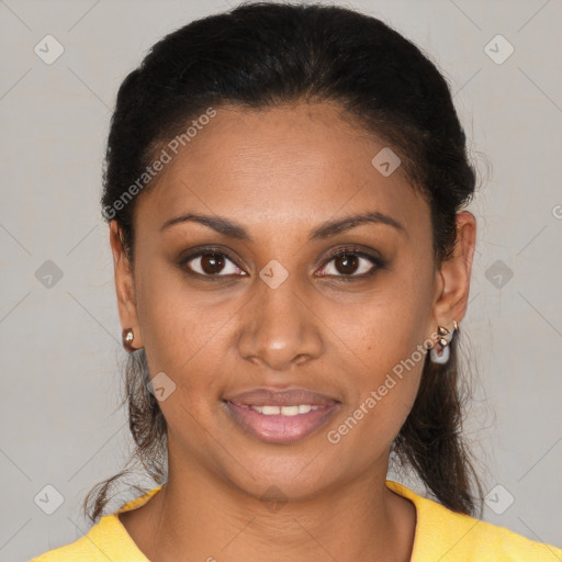 Joyful latino young-adult female with short  brown hair and brown eyes