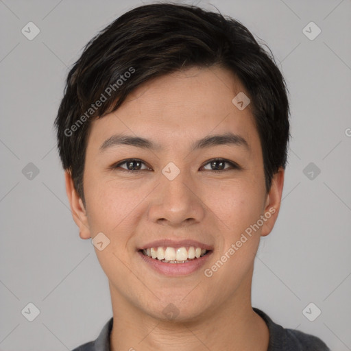 Joyful asian young-adult female with short  brown hair and brown eyes