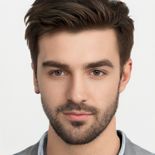 Neutral white young-adult male with short  brown hair and brown eyes