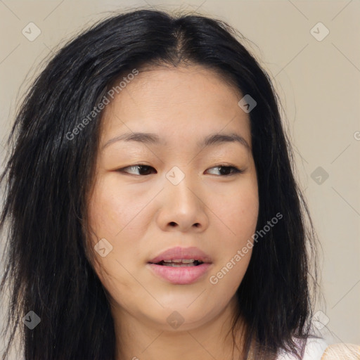 Neutral asian young-adult female with long  brown hair and brown eyes