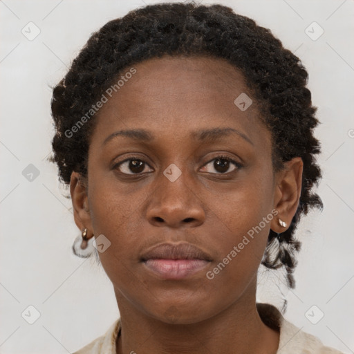 Neutral black young-adult female with short  brown hair and brown eyes