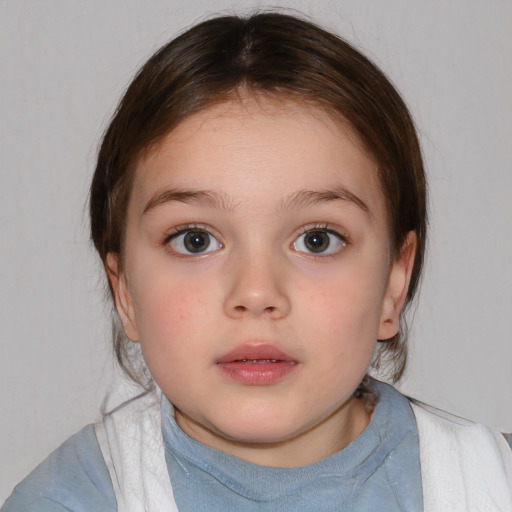 Neutral white child female with medium  brown hair and blue eyes