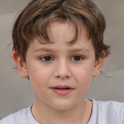 Joyful white child male with medium  brown hair and brown eyes