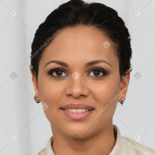 Joyful latino young-adult female with short  brown hair and brown eyes