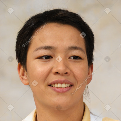 Joyful asian young-adult female with short  brown hair and brown eyes