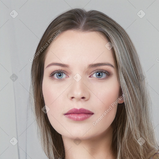 Neutral white young-adult female with long  brown hair and grey eyes