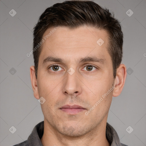 Neutral white adult male with short  brown hair and brown eyes