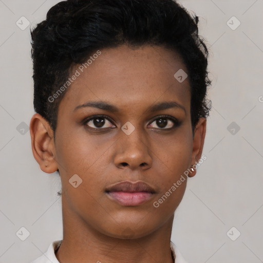 Neutral black young-adult female with short  brown hair and brown eyes