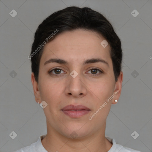 Joyful white young-adult female with short  brown hair and brown eyes