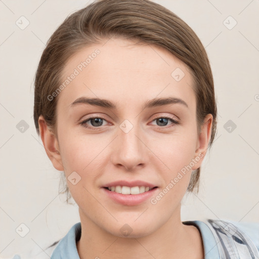 Joyful white young-adult female with medium  brown hair and blue eyes