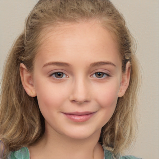 Joyful white child female with medium  brown hair and brown eyes