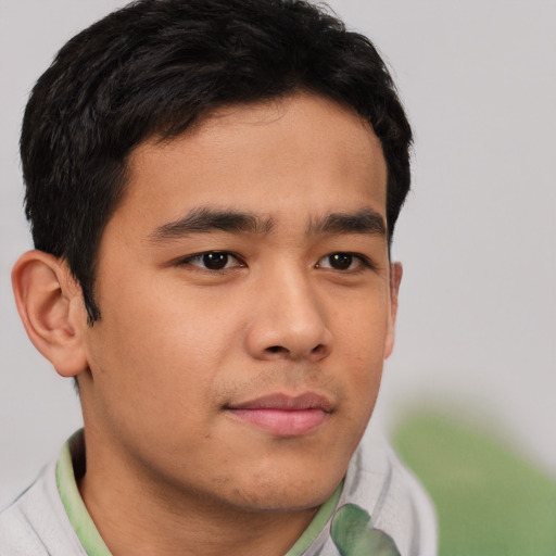Neutral asian young-adult male with short  brown hair and brown eyes