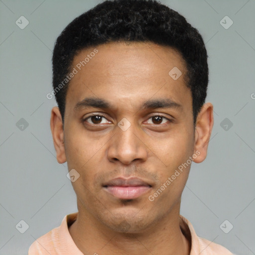 Neutral latino young-adult male with short  black hair and brown eyes