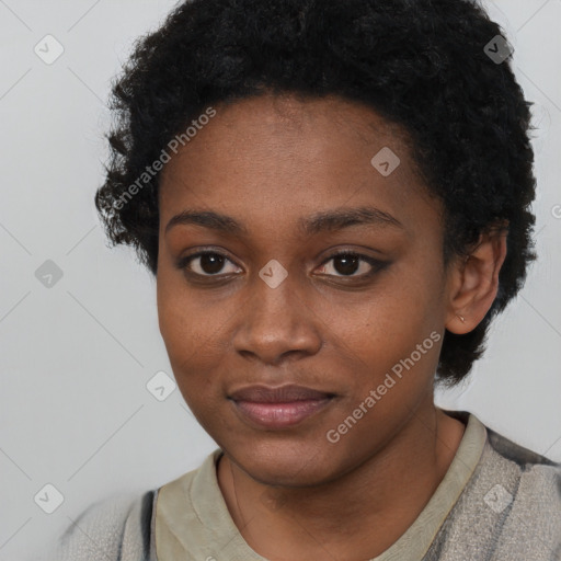 Neutral black young-adult female with short  black hair and brown eyes