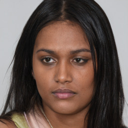 Neutral asian young-adult female with long  black hair and brown eyes