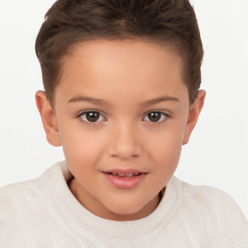 Joyful white child female with short  brown hair and brown eyes