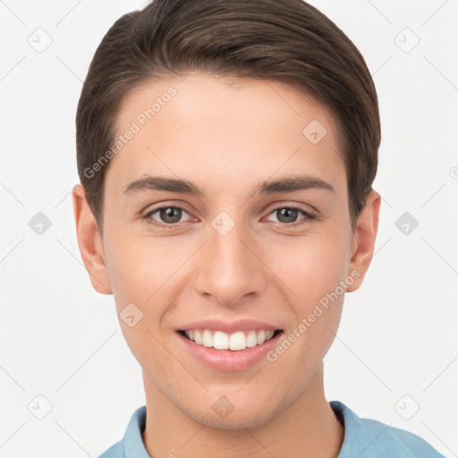 Joyful white young-adult female with short  brown hair and brown eyes