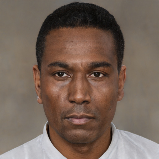 Neutral black young-adult male with short  black hair and brown eyes