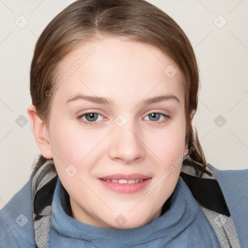 Joyful white young-adult female with medium  brown hair and blue eyes