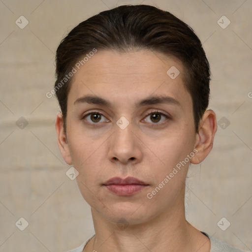 Neutral white young-adult male with short  brown hair and brown eyes