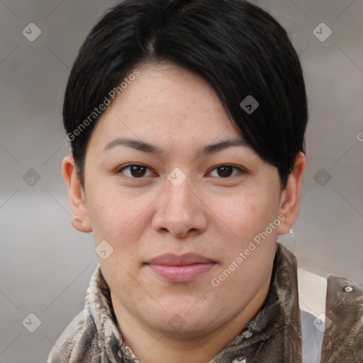 Joyful asian young-adult female with short  brown hair and brown eyes