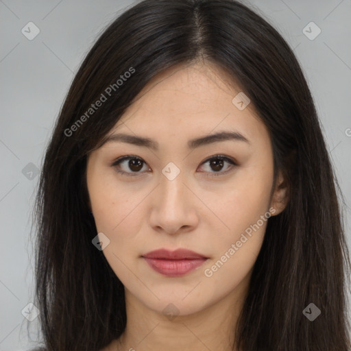 Neutral asian young-adult female with long  brown hair and brown eyes