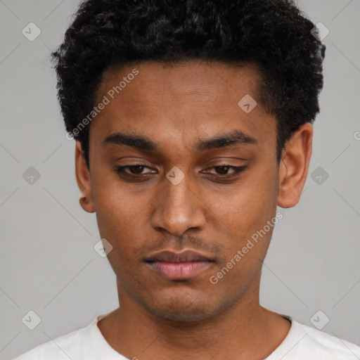 Neutral black young-adult male with short  black hair and brown eyes