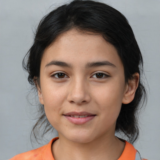 Joyful latino young-adult female with medium  black hair and brown eyes