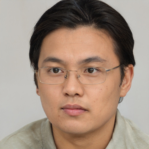 Neutral asian adult male with short  brown hair and brown eyes