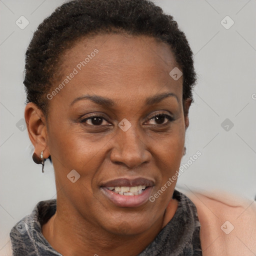 Joyful black adult female with short  brown hair and brown eyes