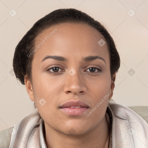 Neutral white young-adult female with short  brown hair and brown eyes