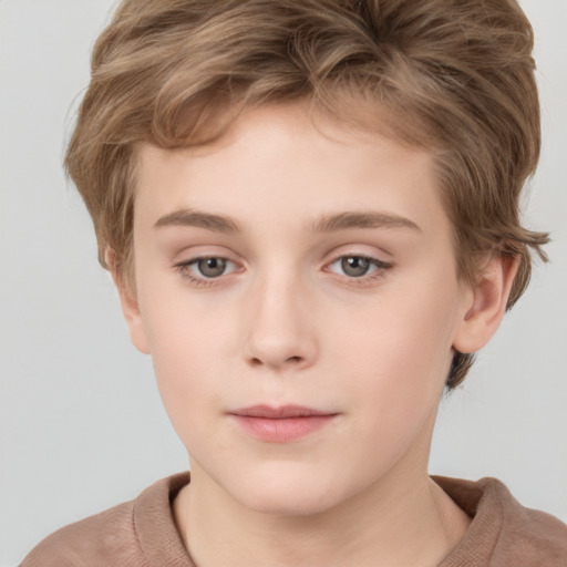 Neutral white child female with short  brown hair and grey eyes