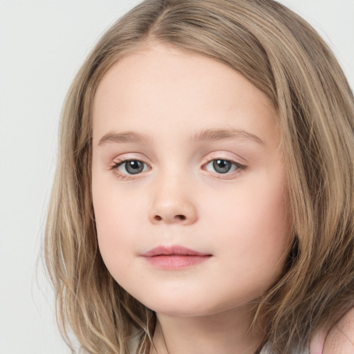 Neutral white child female with long  brown hair and grey eyes