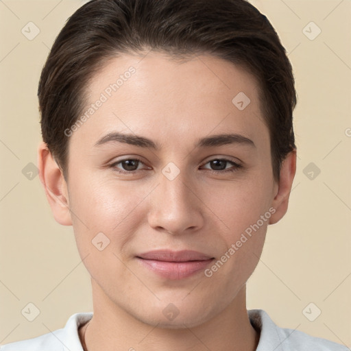 Joyful white young-adult female with short  brown hair and brown eyes