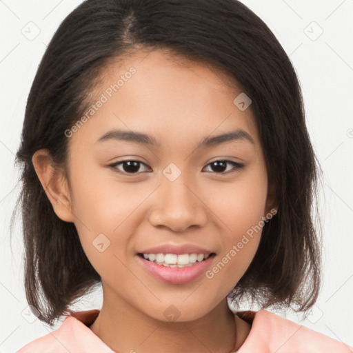 Joyful white young-adult female with medium  brown hair and brown eyes