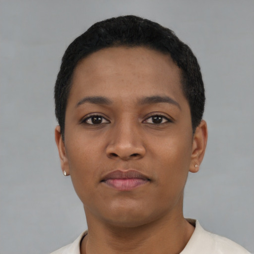 Neutral black young-adult female with short  black hair and brown eyes