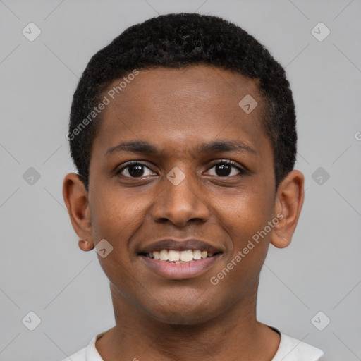 Joyful black young-adult male with short  brown hair and brown eyes