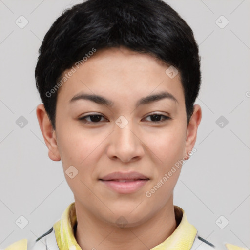 Joyful latino young-adult female with short  black hair and brown eyes