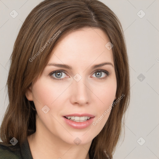 Joyful white young-adult female with medium  brown hair and green eyes