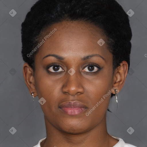 Neutral black young-adult female with short  brown hair and brown eyes