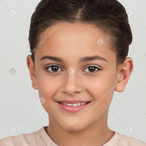 Joyful white child female with short  brown hair and brown eyes